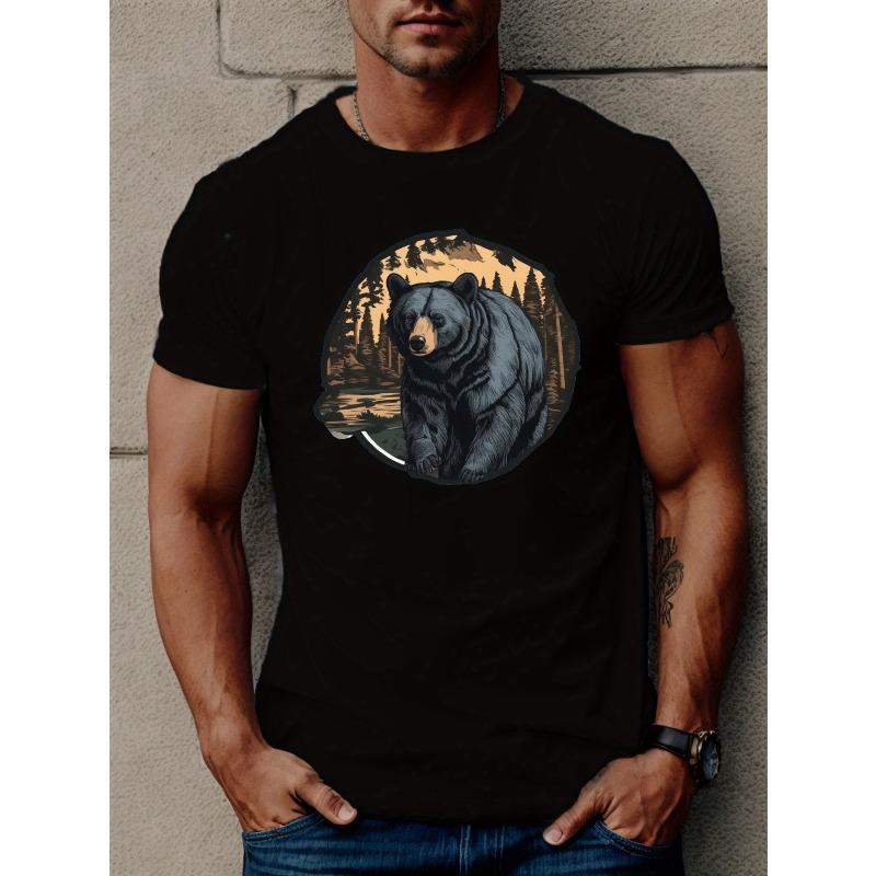 

European Size Men s Casual Bear Graphic Tee - Soft Polyester, Crew Neck, Short Sleeve, Machine Washable - Perfect for All Seasons 4XL чорний