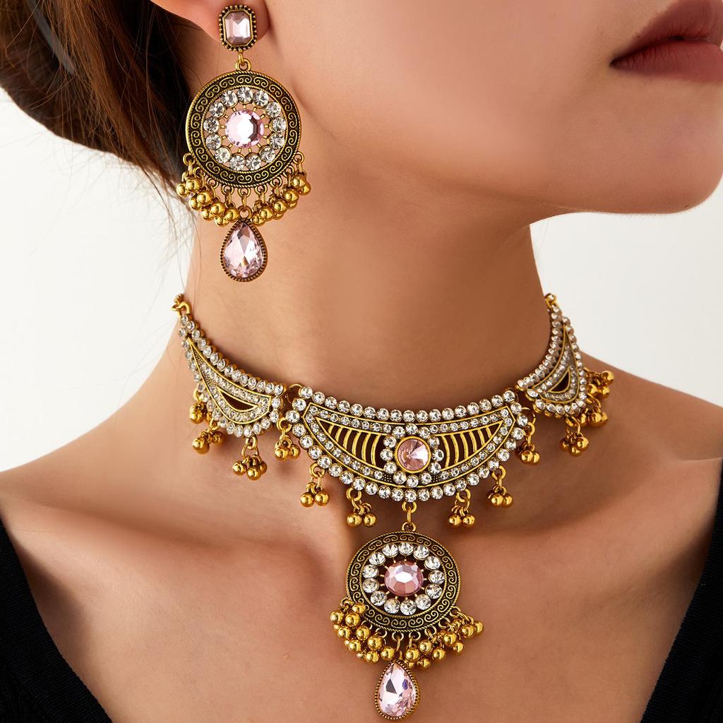 Vintage Ethnic Rhinestone Necklace & Earrings Set
