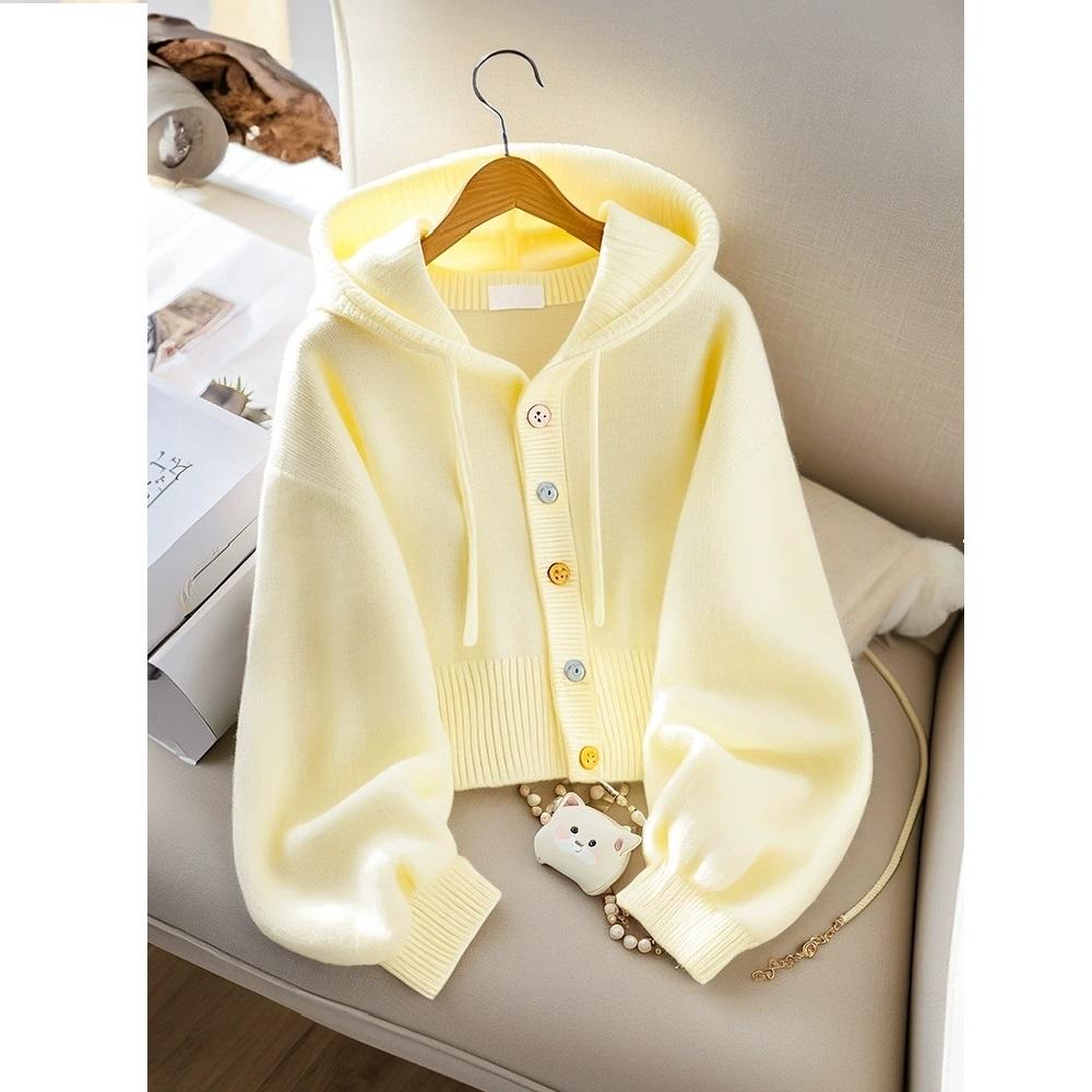 Yellow Loose and Lazy Style High-end Hooded Sweater Jacket, Autumn Women's Knitted Cardigan Top