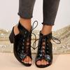 Fashion Plus Size High Heels Women Summer New Round Toe Breathable Front Lace-Up Mid Heel Block Heel Leather Face Cool Boots