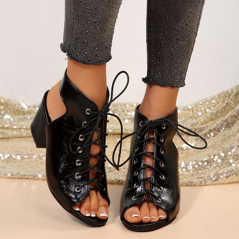 Fashion Plus Size High Heels Women Summer New Round Toe Breathable Front Lace-Up Mid Heel Block Heel Leather Face Cool Boots