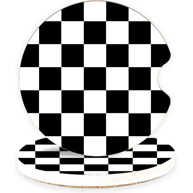 Black Checkerboard Ceramic Car Coasters – Absorbent Car Cup Holder Coaster Set for Women & Men, Cool Aesthetic Car Accessories, 2 Pack