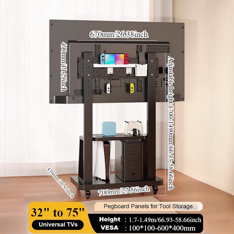 Mobile TV Stand for 32-75” TVs,Tilt TV Cart Holds Up To 176 Lbs Portable Stand with Storage Shelf Rolling Floor VESA 600x400mm