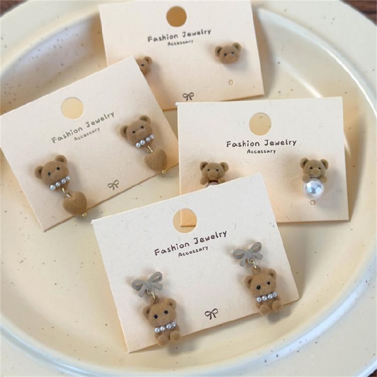 Coffee Flocking Bear Earrings Comfortable Ear Studs Student Fashion Accessories for Daily Commute or Social Event