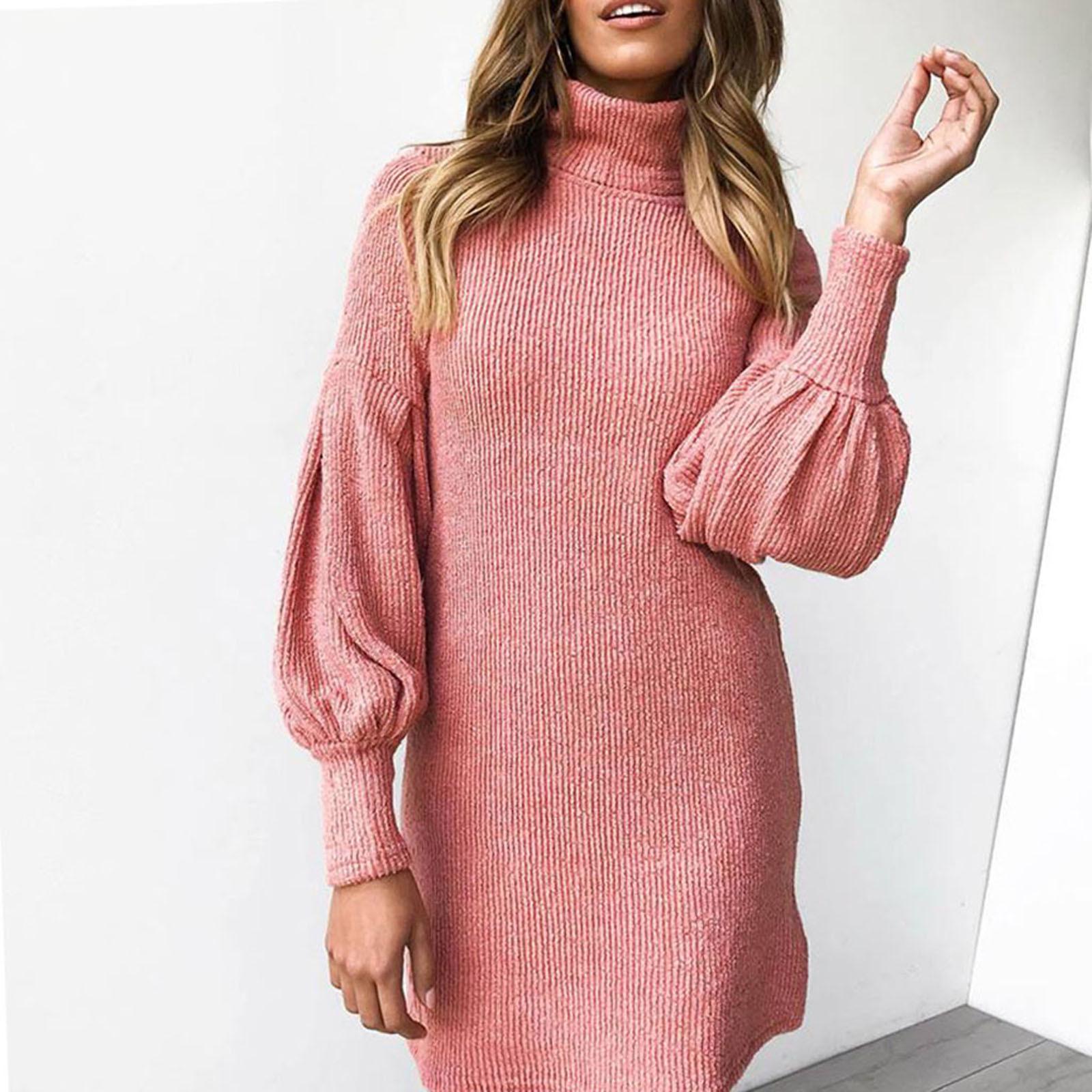 

Womens Turtleneck Sweater Dress Ladies Long Sleeve Jumper Dresses XXXL рожевий