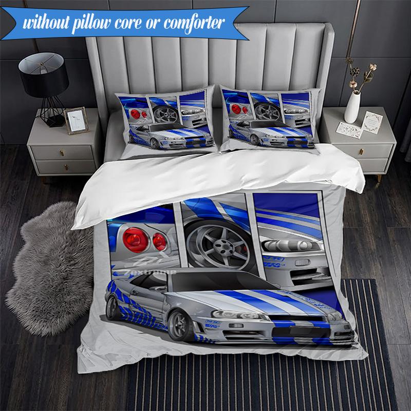 3PCS Skyline Blue Racing Spirit Speed Style Bedding Set 2D Printing (Includes 1 Duvet Cover + 2 Pillowcases Coreless), Bedroom decor,Fan gift