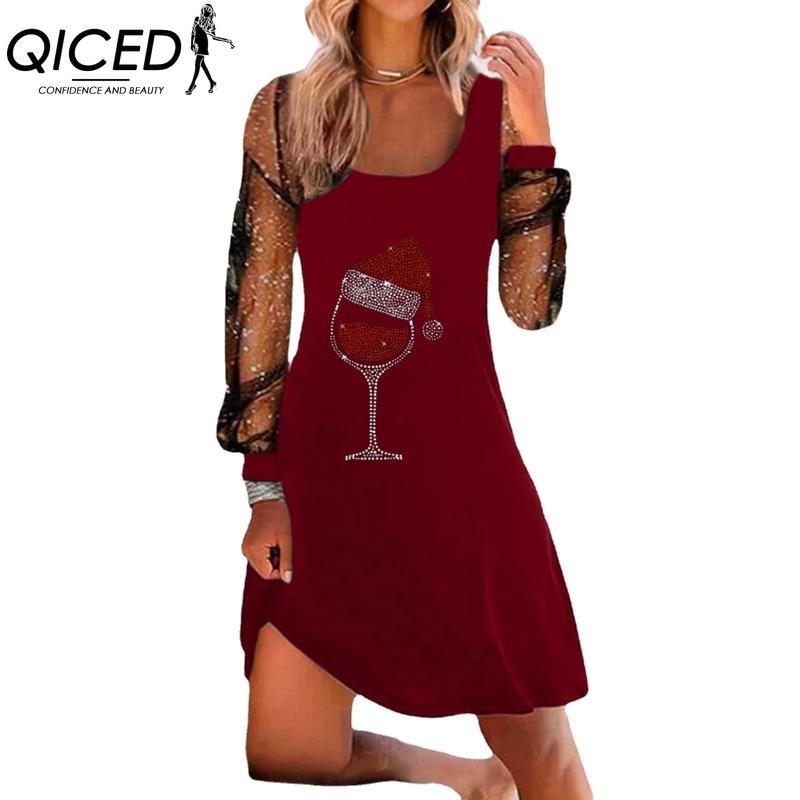 QICED Women's Fashion Spring Autumn Solid Color Print Long Sleeve U-Neck High Waist Casual Dresses