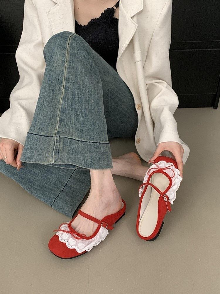 

Сегодня Сладкая Девочка~ Красивые Балетки Мэри Джейн Кружевной Бант Полутапочки 35 красный