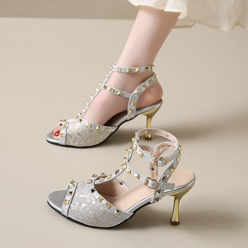 Fashion 2025 Summer Ankle-wrap Women's Modern Sandals Print Rivet Buckle Strap Dress Sandals Thin Heels Peep Toe Shoes Party Outfits