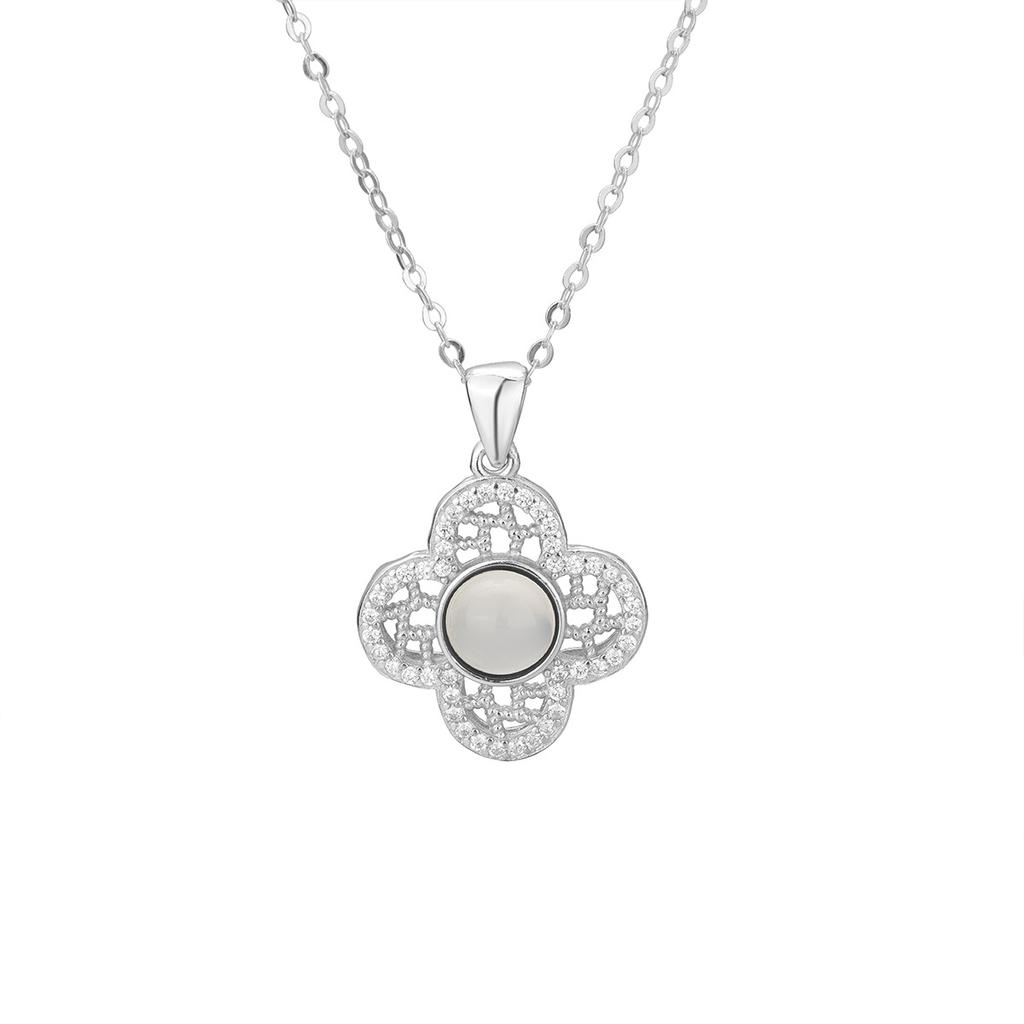 925 Sterling Silver Four Leaf Clover Natural Chalcedony Necklace Vintage Clavicle Chain Diamond Pendant High Ice Jade Jewelry