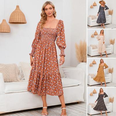 Women Dress Long Sleeves Flower Print A-line Square Neck Midi Dress Elastic Bust