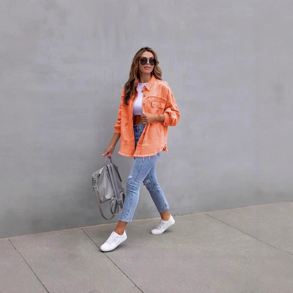 New denim jacket women's solid color loose jacket ripped long sleeve women's denim shirt
