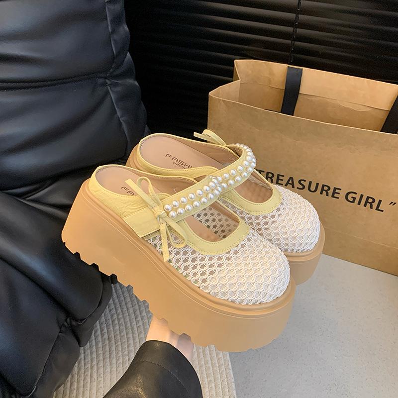 

Platform sole pearl Mary Jane shoes 2025 new summer wear ins fashion versatile casual mesh bag head slippers 40