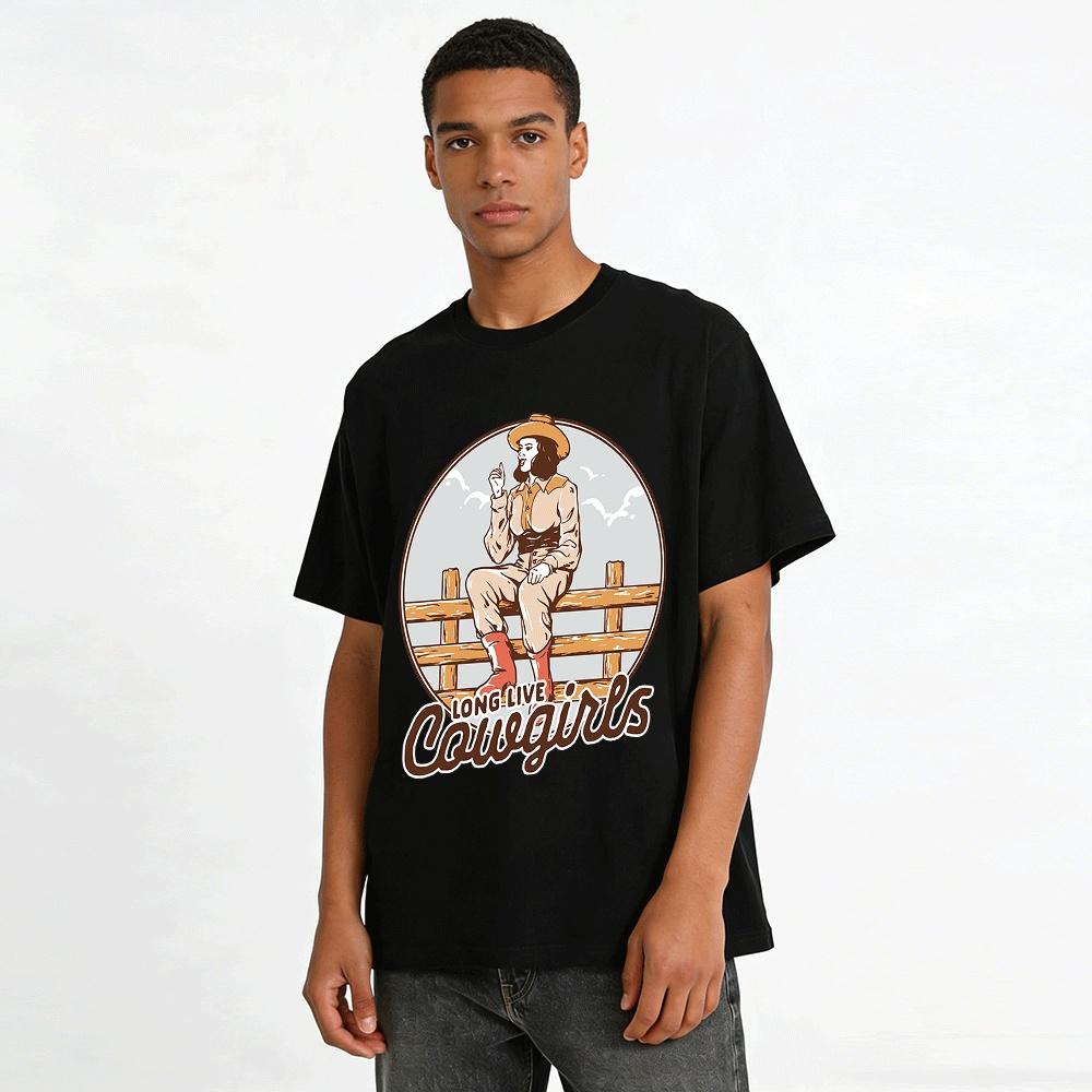 LONG LIVE COWGIRLS Retro Western Cowgirl Print Top Pure cotton T-shirt