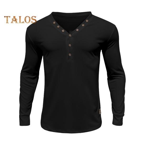 Men Spring Autumn Top Button Decor V Neck Long Sleeves Solid Color Pullover T-shirt Stretchy Slim Fit Fitness Sport Top