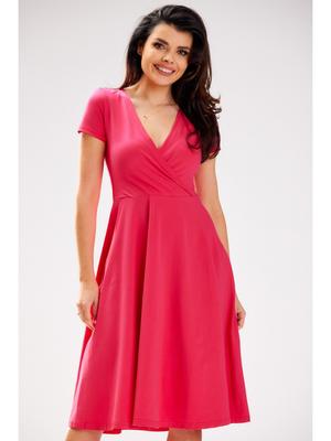 Flared Dress with Envelope Neckline and Short Sleeves, Pink - Fuchsia M