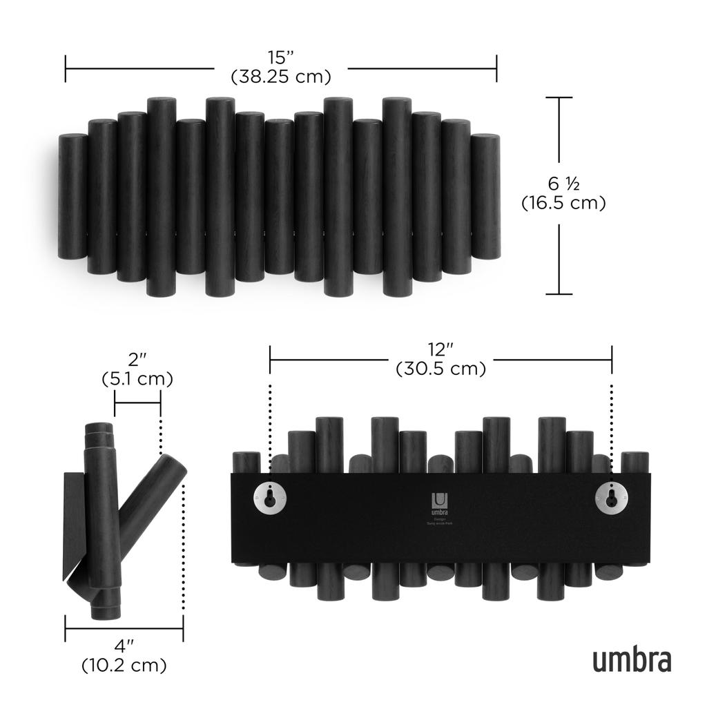 Umbra Wall Hooks, 5-Row, Storage, Wall-Mounted, Interior, 10kg Weight Capacity, Picket, Black, 21011471040, W38 x D4 x H17cm