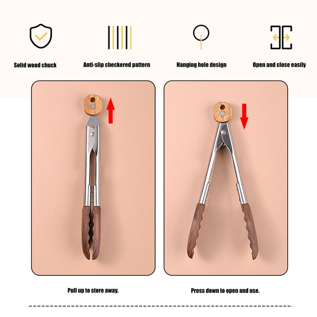 Walnut Wood Cooking Tongs Stainless Steel Nonstick Salad Tongs for Kitchen and Barbecue 9Inch or 12Inch Wood Tongs