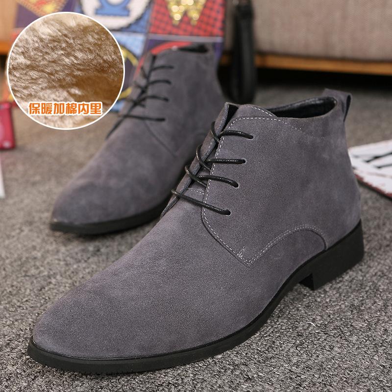 New Pointed Leather Shoes Men's Velvet and Cotton High-top Trend British Casual Leather Shoes Leather Boots Korean Version