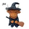 Unique Halloween Gift for Friends Highland Cow Figurine, Wizard Broom & Bat Wing Pumpkin Ornaments Ornament, Weatherproof Desktop Decor Home
