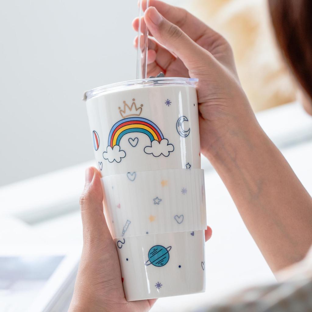 Cartoon Creative Ceramic Cup with Lid for Girls Heart Coffee Cup with Straw High looking Cute Water Cup