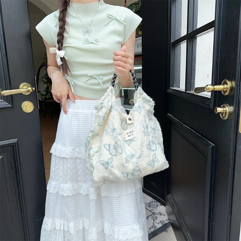 41 Large capacity lace butterfly canvas tote bag commute to work sundries sorting handbag
