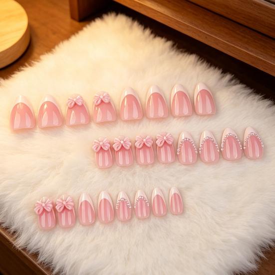 24Pcs Pink Bow Women Press on Nails, Faux Pearl Almond Stick-on Fake Nails, French Tip Glue on False Nails for Office Date Party Wedding