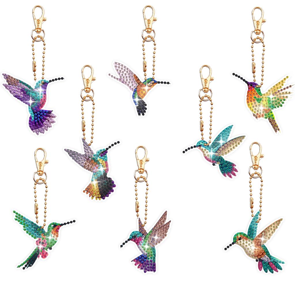 8PCS/set DIY Diamond Painted Acrylic Keychain/Bag Hanging Decoration with Double-Sided with Hummingbird Pattern Design