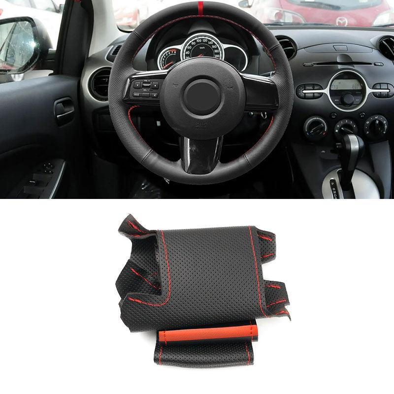 

For Mazda 2 2007 2008 2009 2010 2011 2012 Black-red line with red strip Hand Braids on Car Steering Wheel Cover Leather Trim