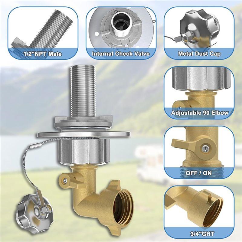 For RV City Water Inlet With Check Valve, For RV Campers Motorhome Trailer Marine 90° Solid Brass Hose Elbow