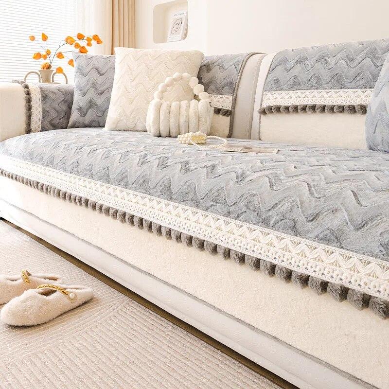 French Cream Style Sofa Cushion Autumn and Winter Plush Anti Slip Sofa Cover