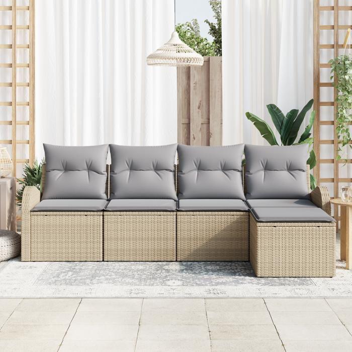 Ensemble de canapé de jardin de 5 pièces avec coussins Beige Poly Rotin, Canapé de jardin 2 places avec rangement 3354669