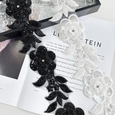 Black And White Two-Color Beaded Sequins Three-Dimensional Flower Mesh Accessories Barcode Clothing Dress Luggage Decoration Lace Accessories