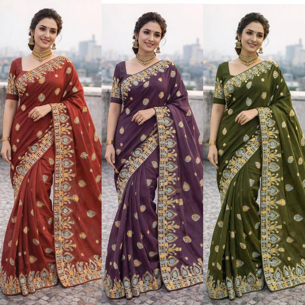 Pure  soft star Georgette silk fabric with thread work embroidered with piping border