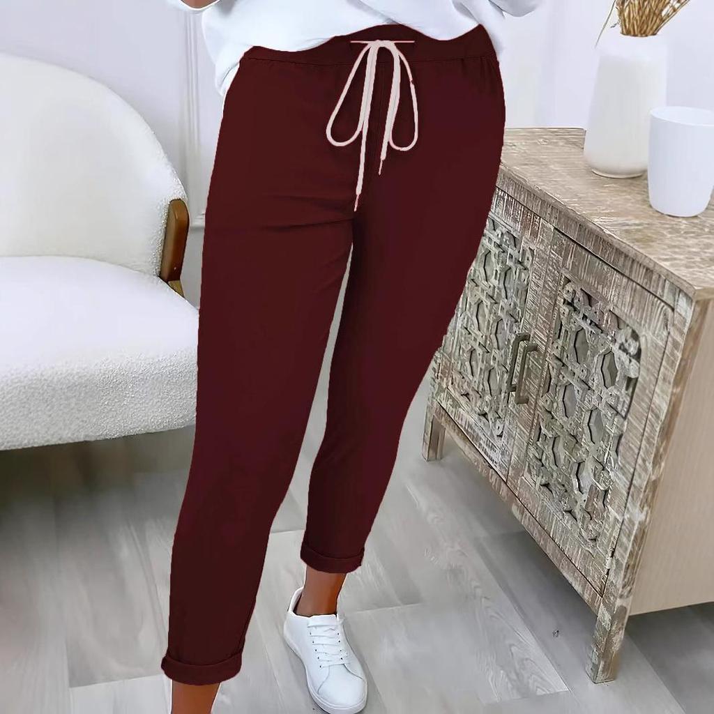 2025 Women's Solid Color Tie-Waist Cuffed Long Pants - Versatile European & American Style