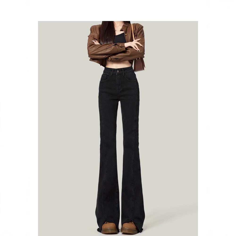 Women's Black High-Waisted Micro-Flare Jeans - 2024 Autumn/Winter Slimming Bell Bottom Pants