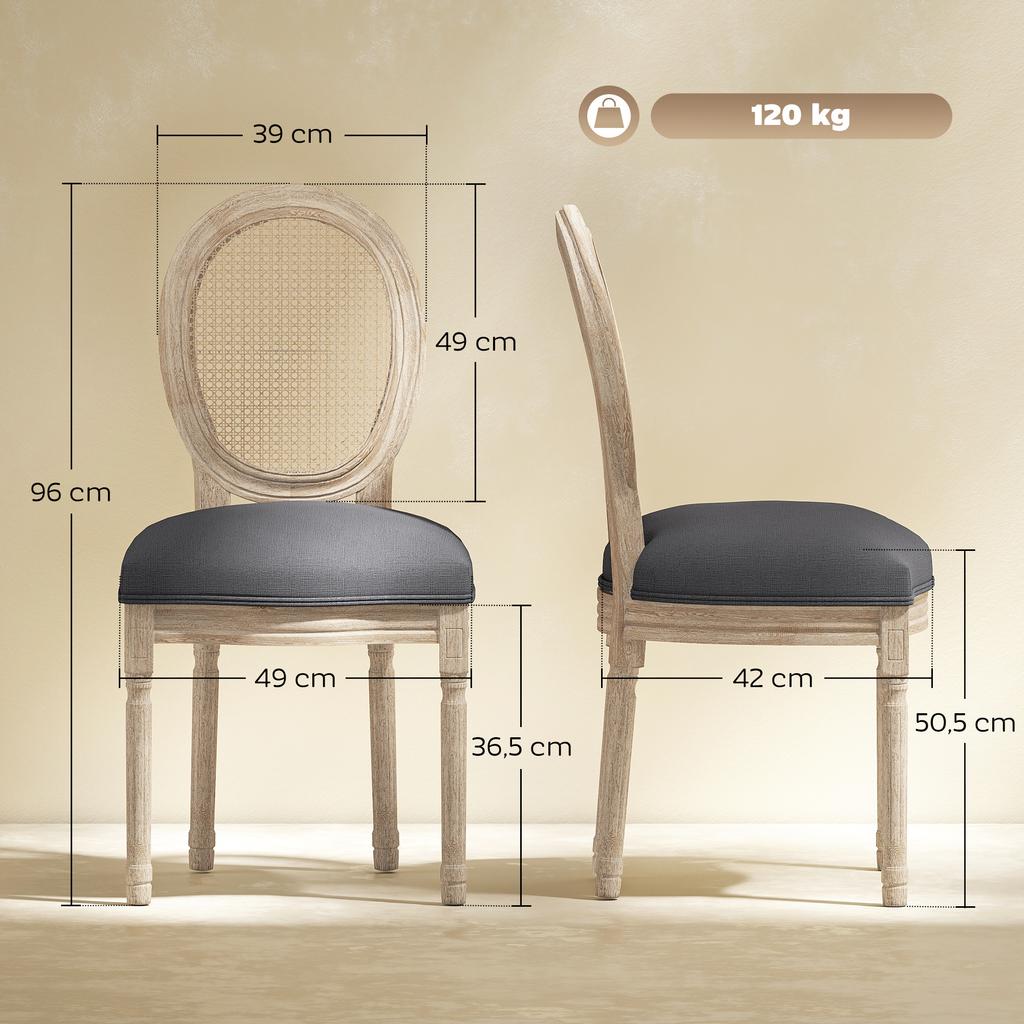Kitchen Chairs Set of 2, Softly Padded, Vintage Design, Rattan Look, Grey