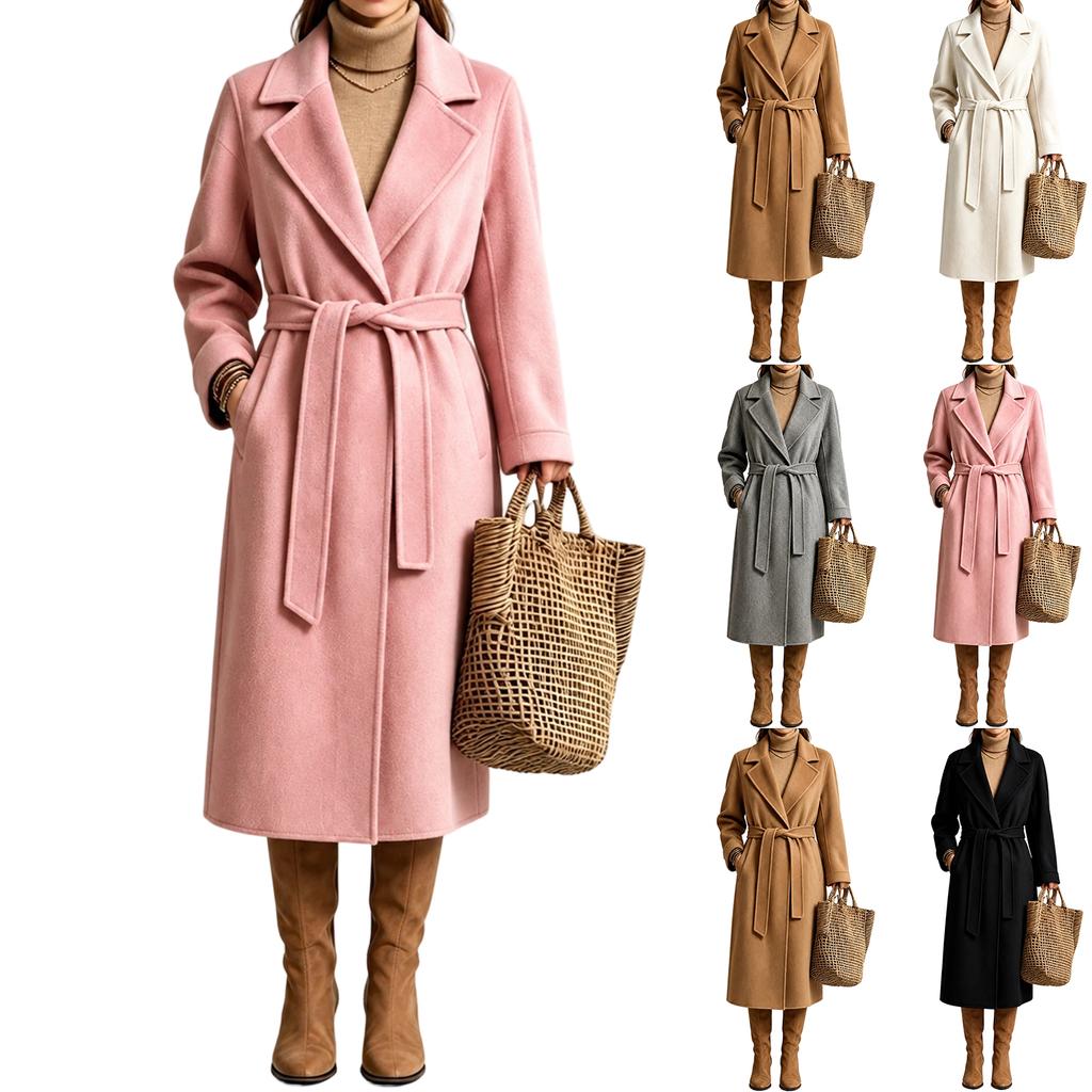 Lange dameswollen jas met gekerfde revers voor herfst en winter, zakelijke casual kleding
