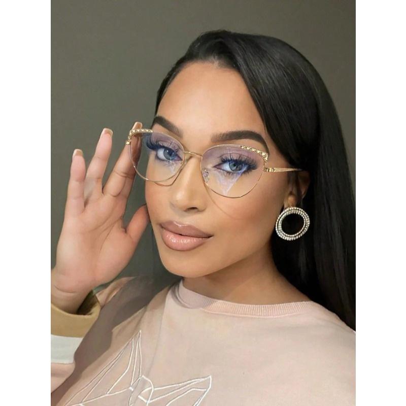 

Женские ретро очки «кошачий глаз» с металлической оправой, инкрустированные стразами, модные очки для ежедневного чтения и поездок на работу, аксессуары для очков для женщин