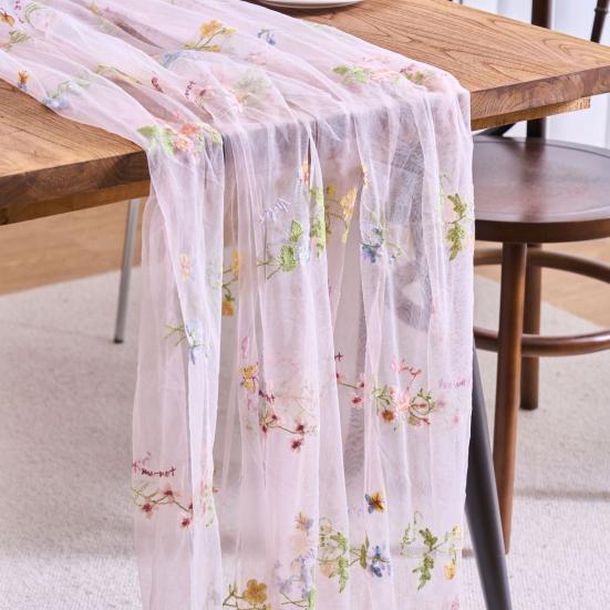 Bestickter Blumiger Tischläufer Transparenter Tüll Tischläufer Schmetterlingsblumen Tischläufer für Esstisch Hochzeit Babyparty Frühlingsfest