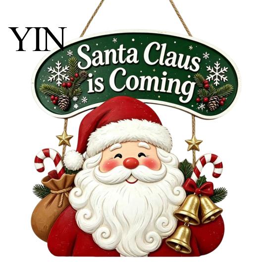 Vintage Style Seasonal Home Accents Christmas Wooden Hanging Sign, Rustic Holiday Wall Decor with Santa Claus Door Hanger Reindeer And Snowman