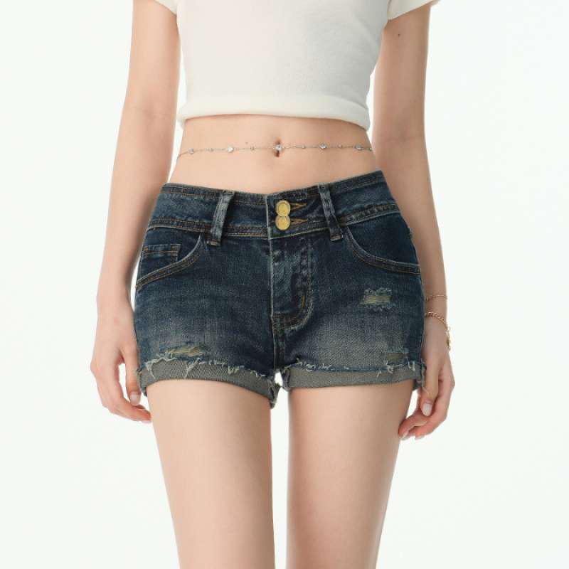 Retro High-Waisted Cuffed Distressed Stretch Denim Shorts for Women XS