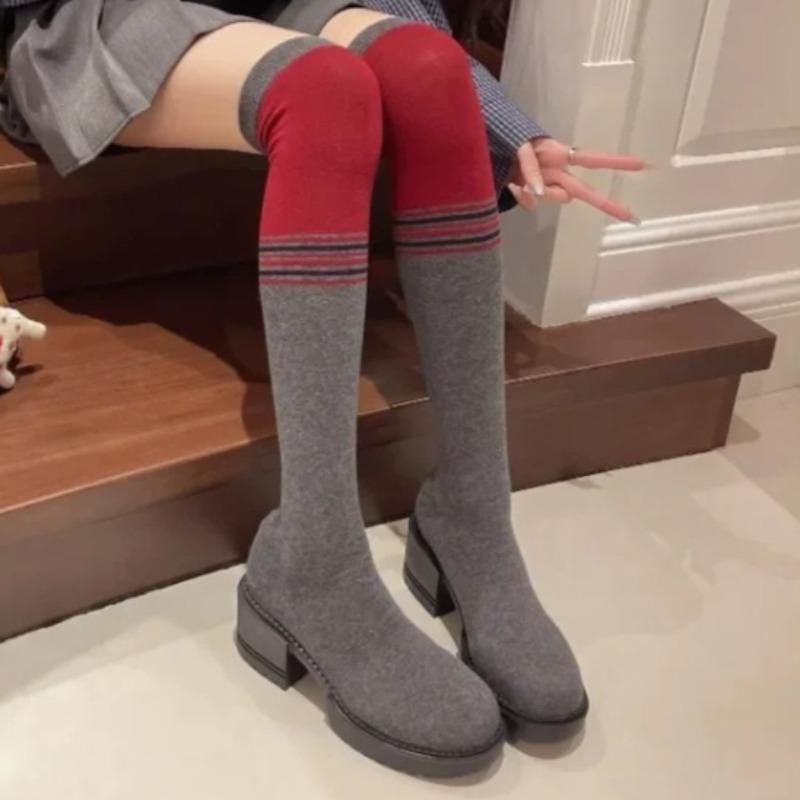 Fashion Long Legs Over The Knee Socks Boots for Women Spring and Autumn Round Toe Stretch Cloth Color Block Block Heel Stretch Boots