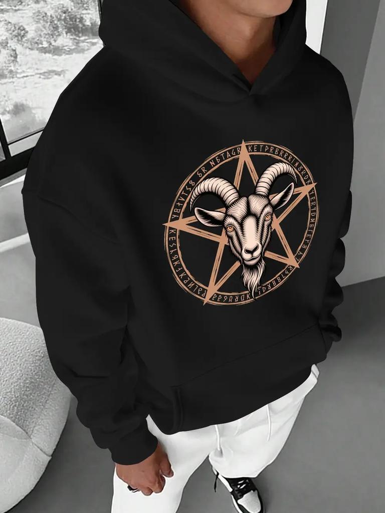 Occult Goat Pentagram Mystical Art Casual Hoodie - Grey with Orange Graphic Print