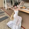 Seaside Vacation Wind Green Suspender Dress Women's Summer Temperament Mesh Stitching Waist Thin A-word Skirt Long Dress