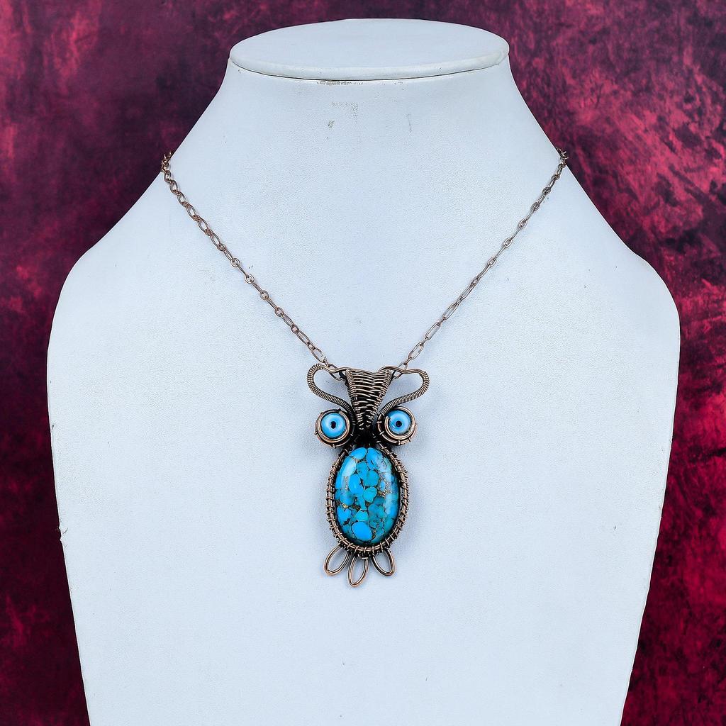 Copper Blue Turquoise Pendant Owl Pendant Copper Wire Wrapped Blue Color Evil Eye Jewelry