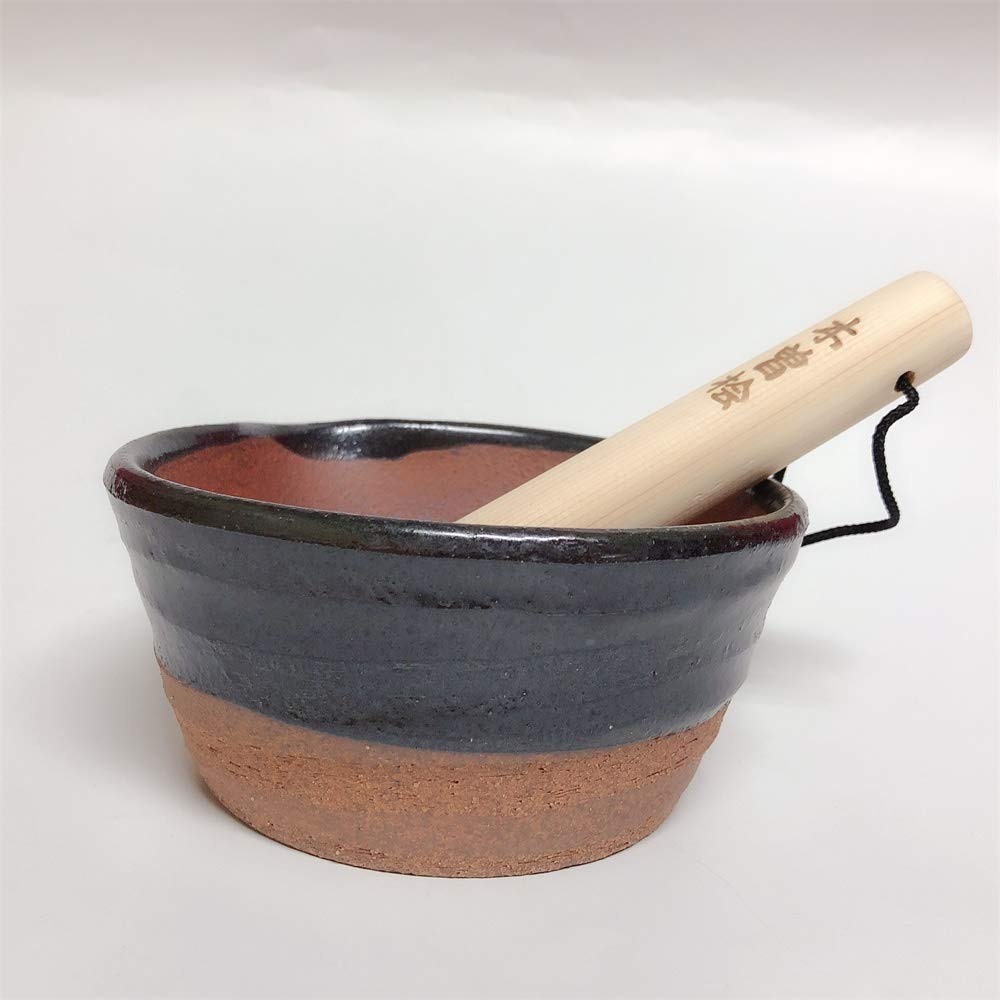 Banko Ware mortar with domestically made mortar wood Non-grooved (half black), small,