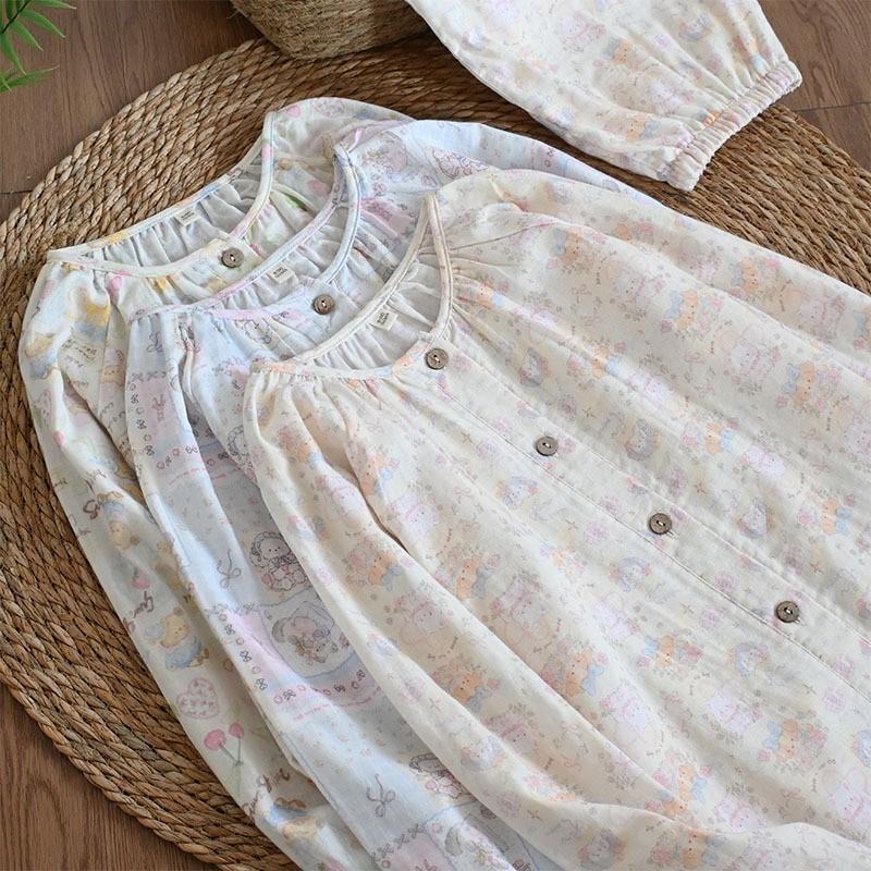 100% Pure Cotton Double-layer Gauze Cartoon Lapel Cardigan Pajamas Women's Spring and Autumn Loungewear Can Be Worn Loose 1011