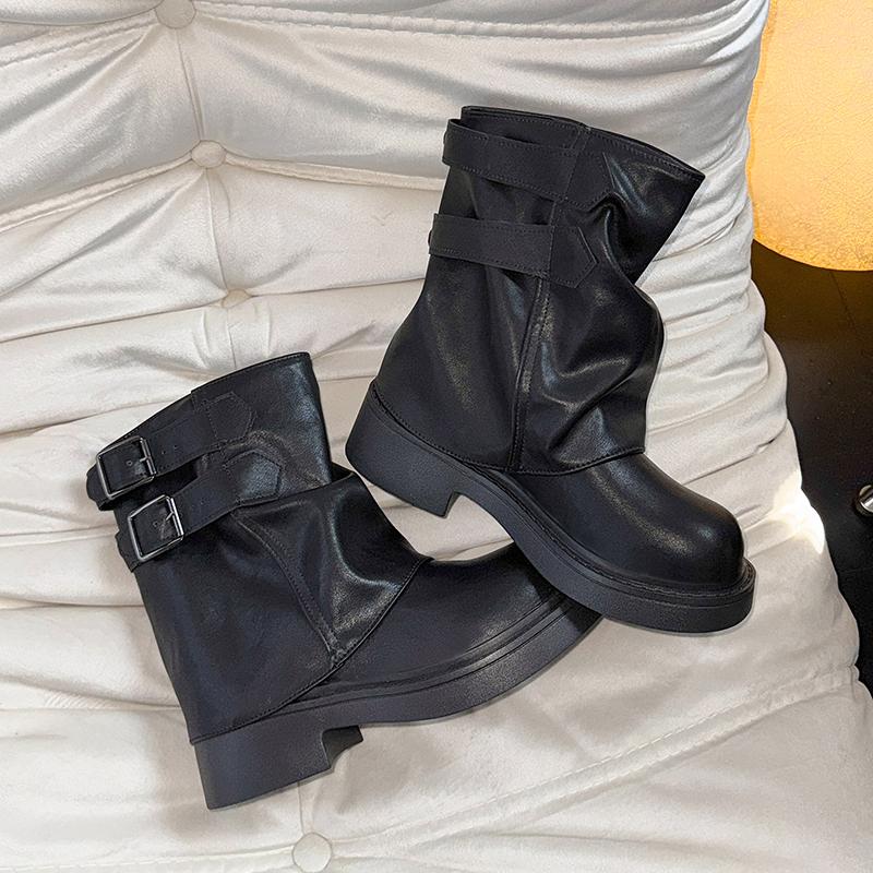 Fashion Fashion Vintage Belt Buckle Women Western Ankle Boots Concise Square Heels Shoes Autumn Laides Short Booties