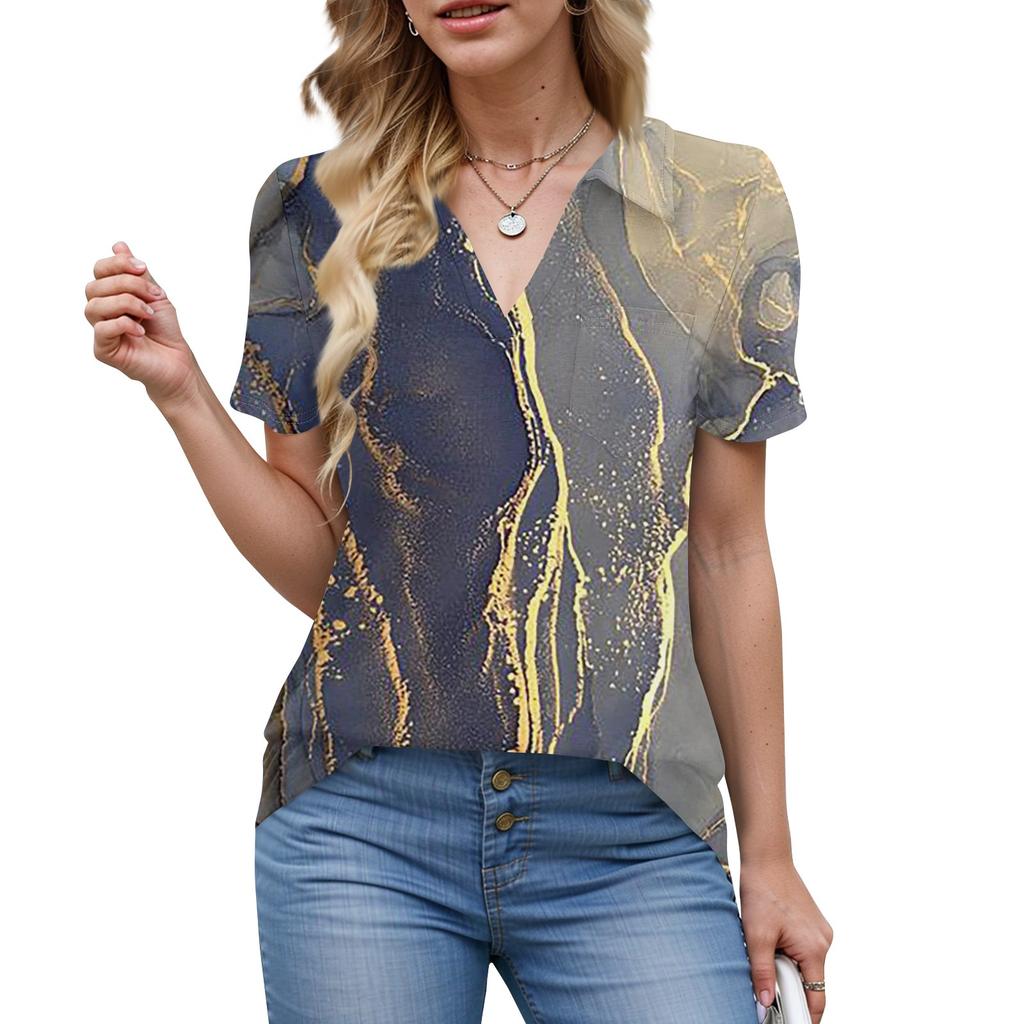 Damen Bluse Sommer Business Casual Arbeitstops Kurzarm Button-Down-Kragen V-Ausschnitt Bluse T-Shirt